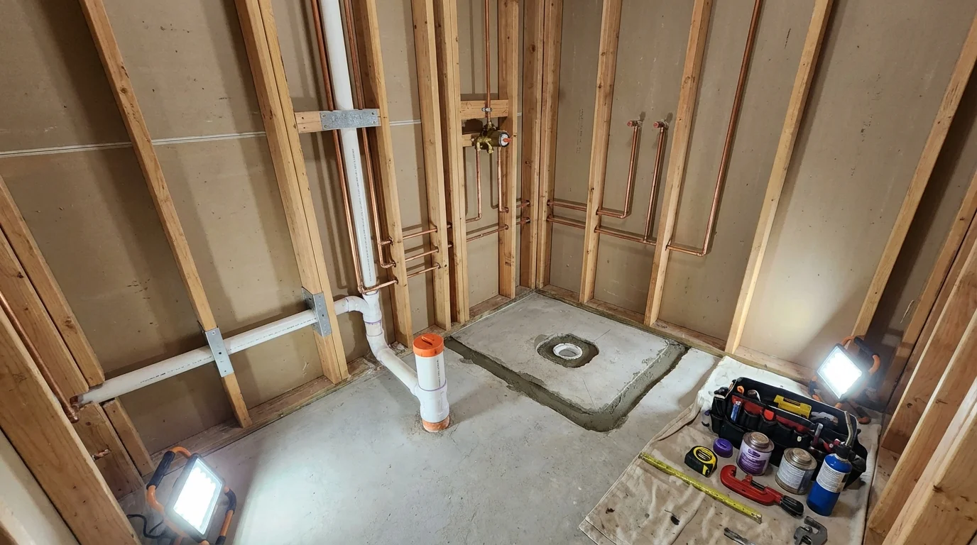 Bathroom rough-in plumbing during remodel by Johns Plumbing LLC in Streator