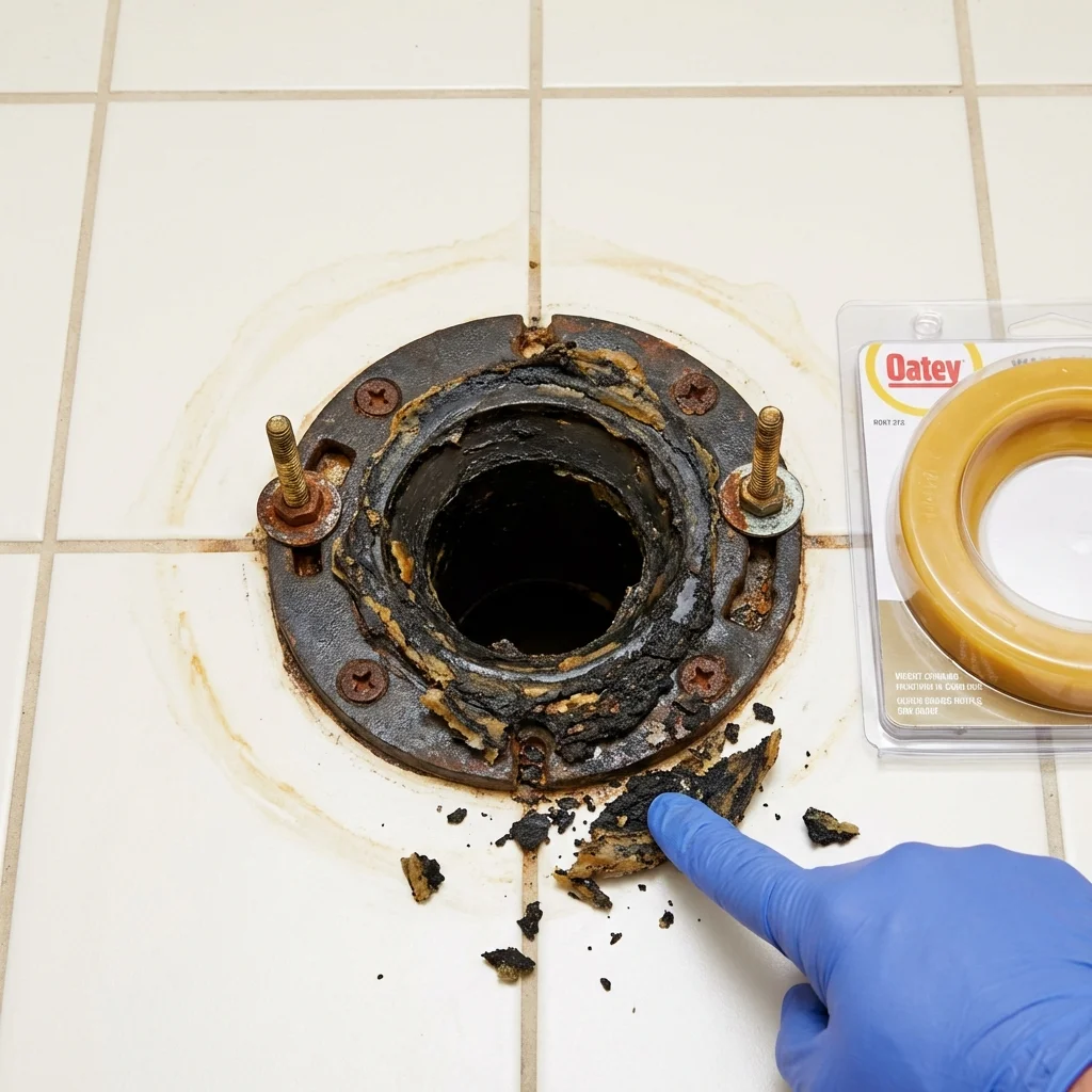 Failed wax ring showing water seepage at the base of a toilet in a Streator, IL home
