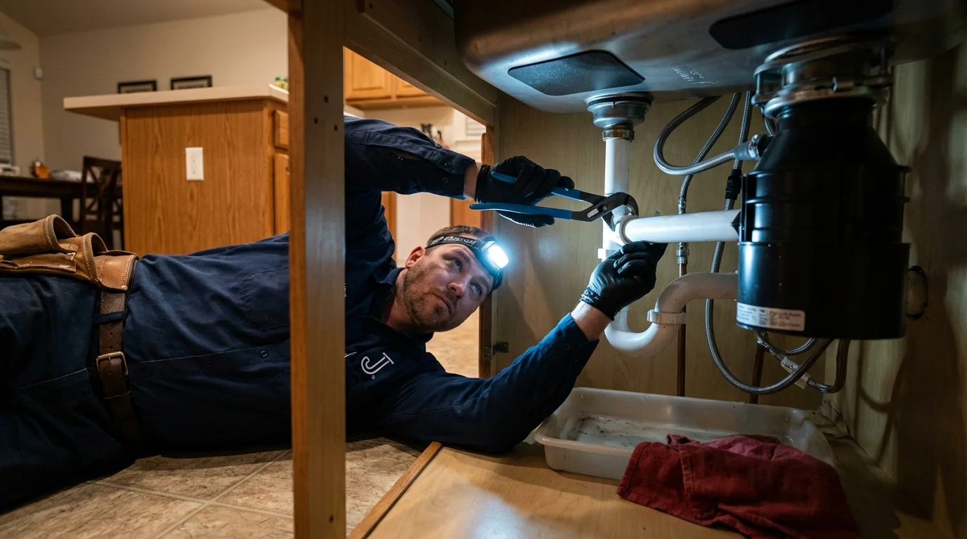 P-trap and supply line connections under a kitchen sink showing a common leak point in Streator, IL